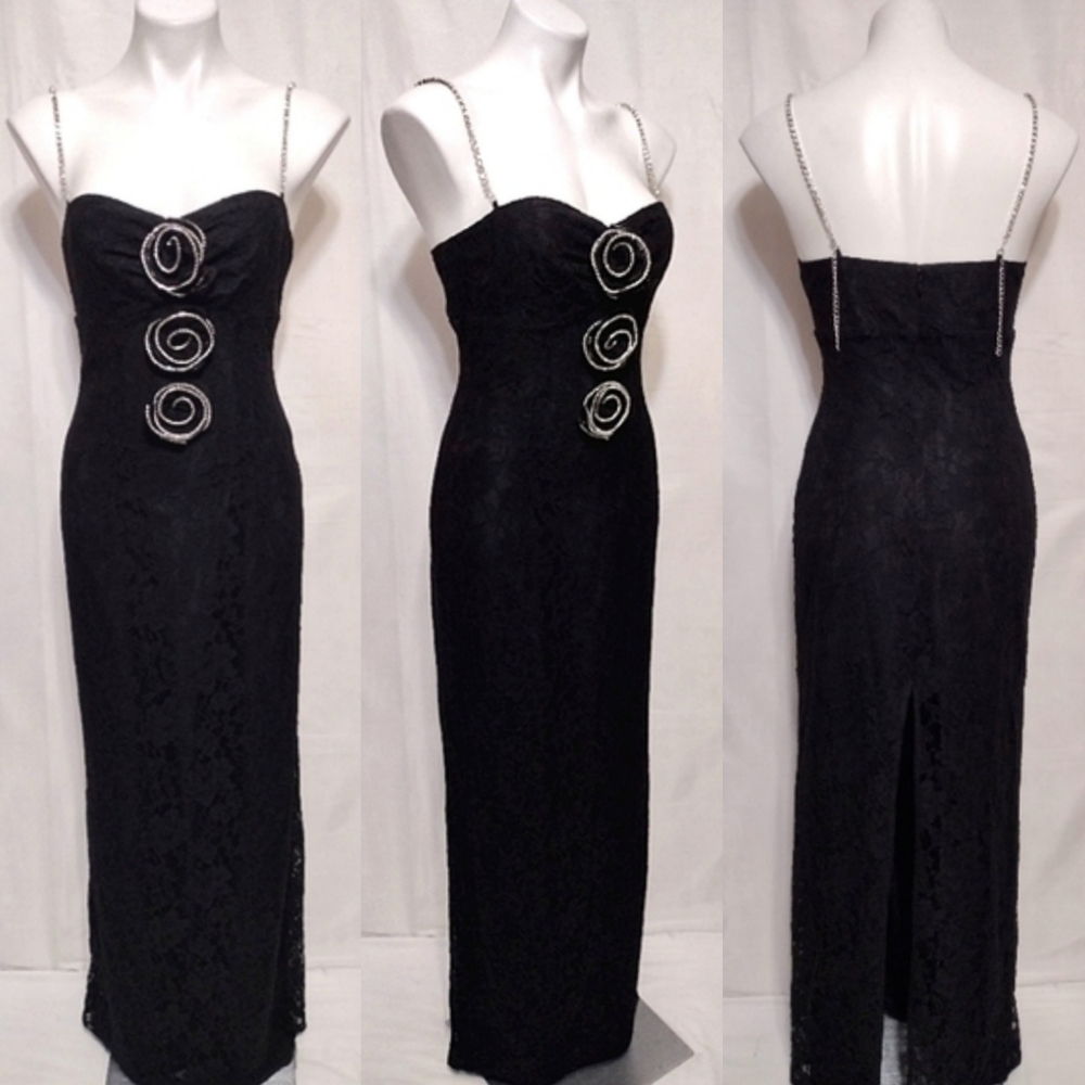 Lovers + Friends Revolve M Floral Applique Black Lace Evening Gown Elegant Chic
